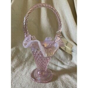 Fenton 95th Anniversary Pink Opalescent Iridized Hobnail Basket Mint Condition